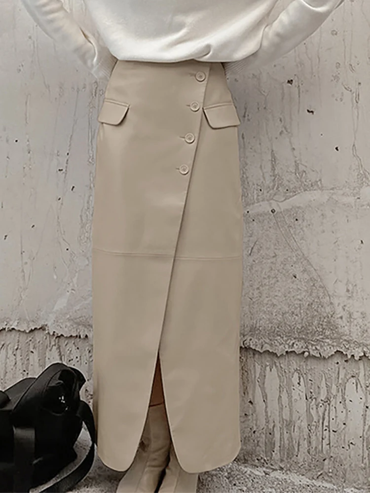 

Leather Diagonal Buckle Slit Women's Skirt Simple Solid Color Casual Long Skirts Autumn New Fashion Elegant Women's Skirts