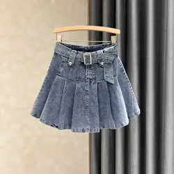 Teen Girl Casual Jean Pleated Skirts Summer Child Girls Denim Skirt Spring Baby Clothes 2023 New