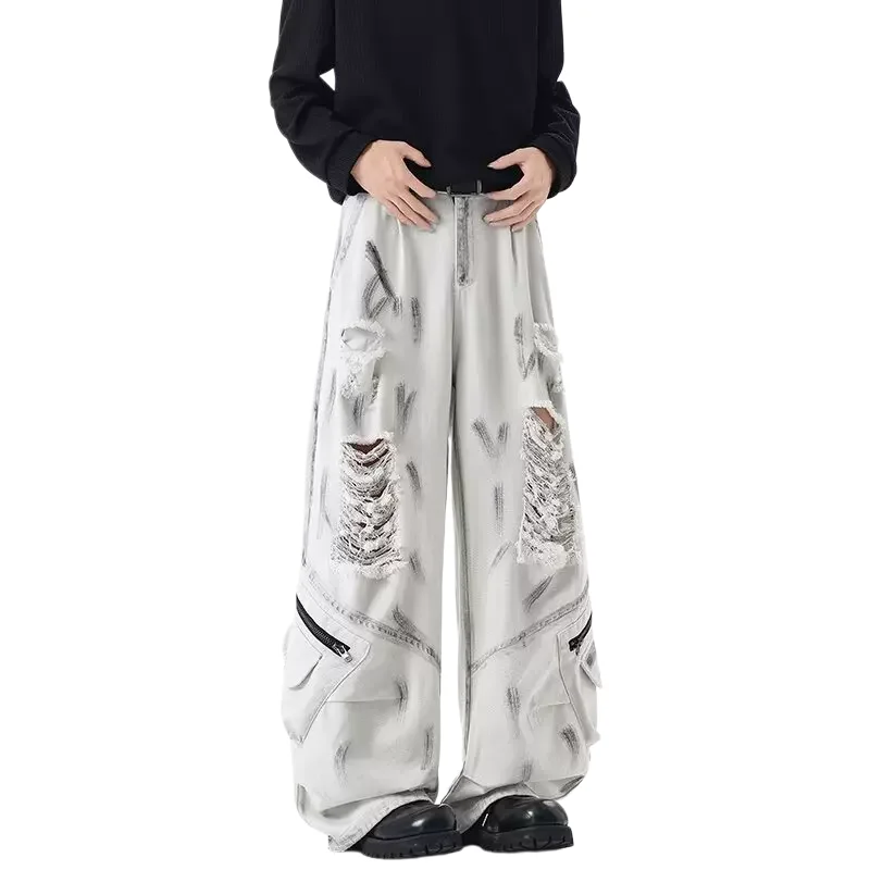 2026 White Graffiti Ripped Patch Jeans West Coast American Style High Street Vibe Deconstructed Straight Wide Leg Denim Trousers