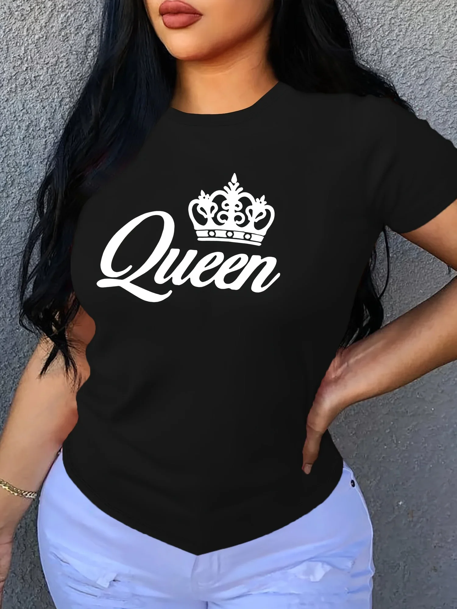 

Short Sleeve Crown Letter Print Crew Neck T-Shirt for Spring & Summer Casual Women's Clothing