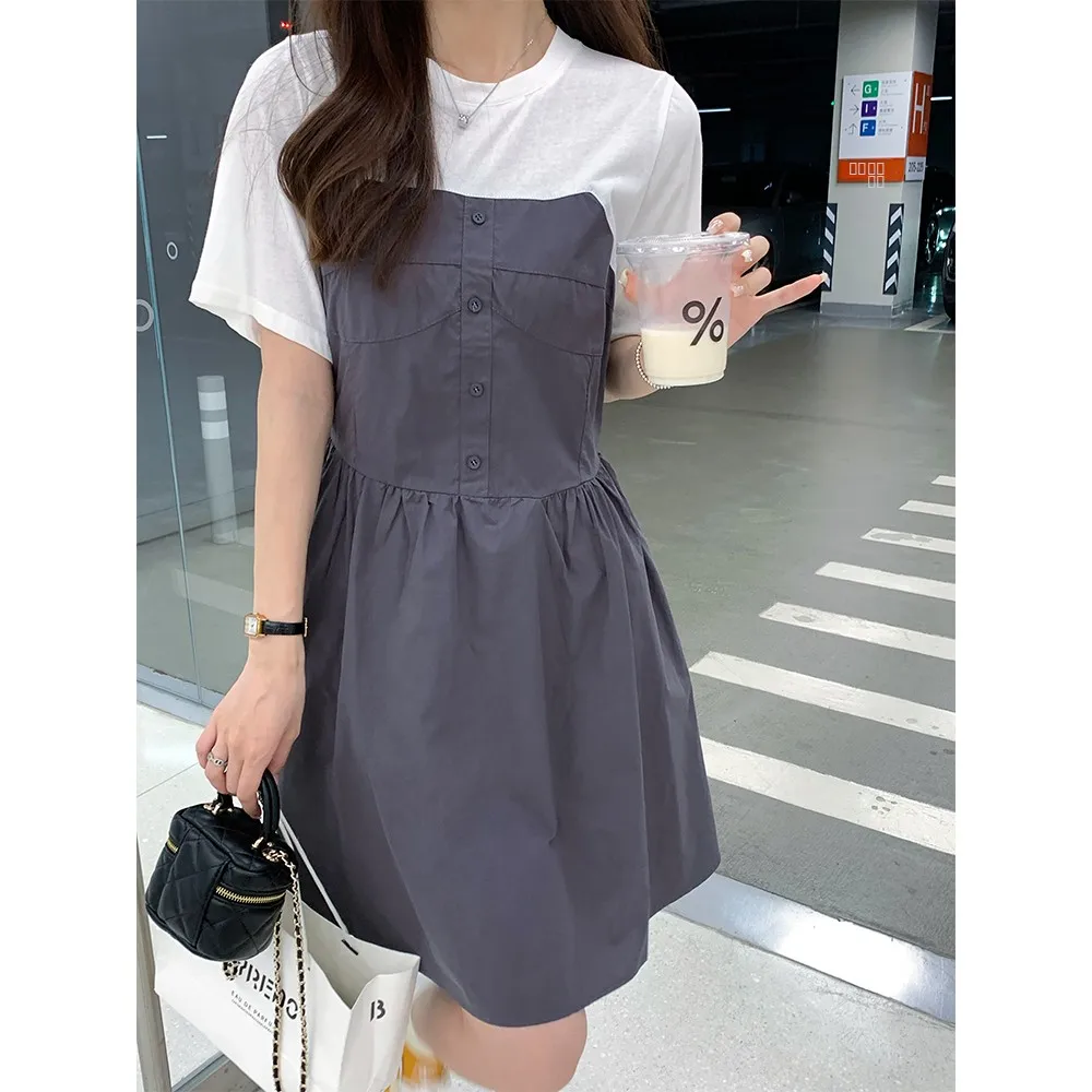 

Платье PiJiUu Color Blo ort Sve Dr в корейском стиле, круглый вырез, А-силуэт, миди, весна-лето-осень, однотонное, для повседневной носки