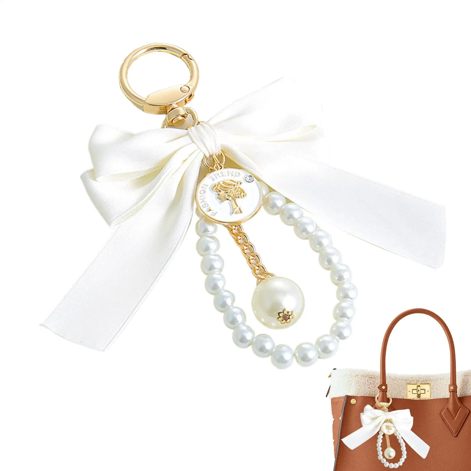 Bow Key Chain Hangable Decoration Pendant Pearl Chain Women's Car Pendant Statement For Women Men Girls Boys Purse Wallet