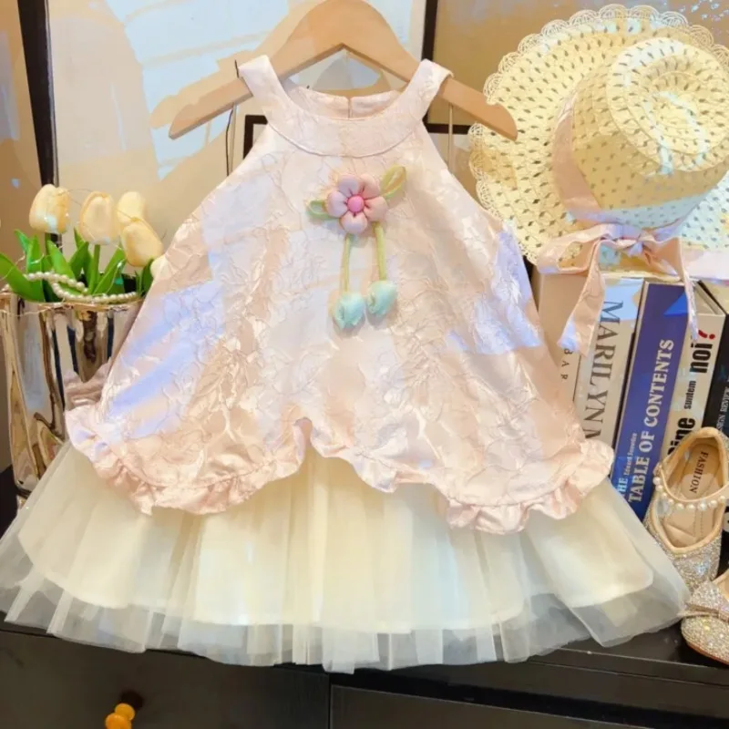 

Stylish sleeveless mesh dress for girls, new spring-summer trendy floral tank top princess dress for baby girls