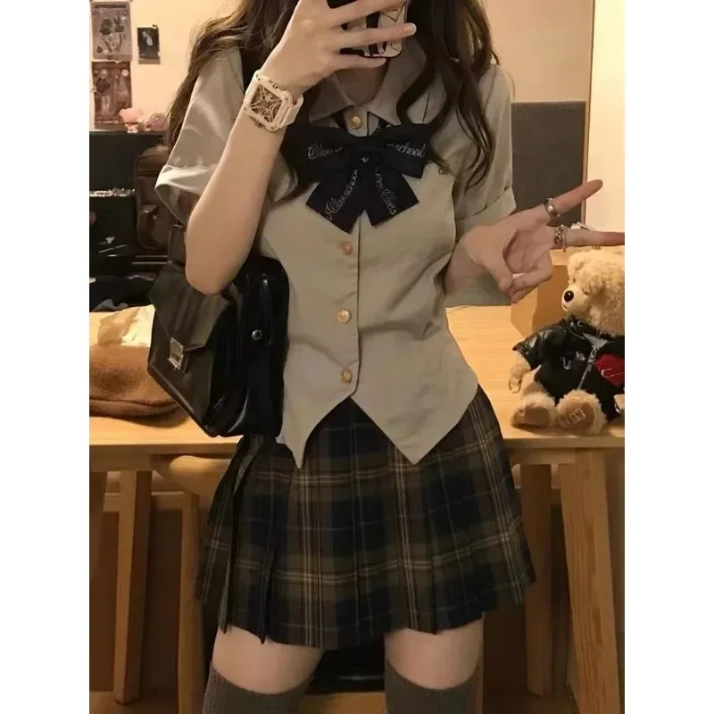 2025 new Korean School Uniform Plus Size XL Summer Japanese Fashion Lapel Bow Short Top Plaid Pleated Skirt Jk Suit 2pcs Women