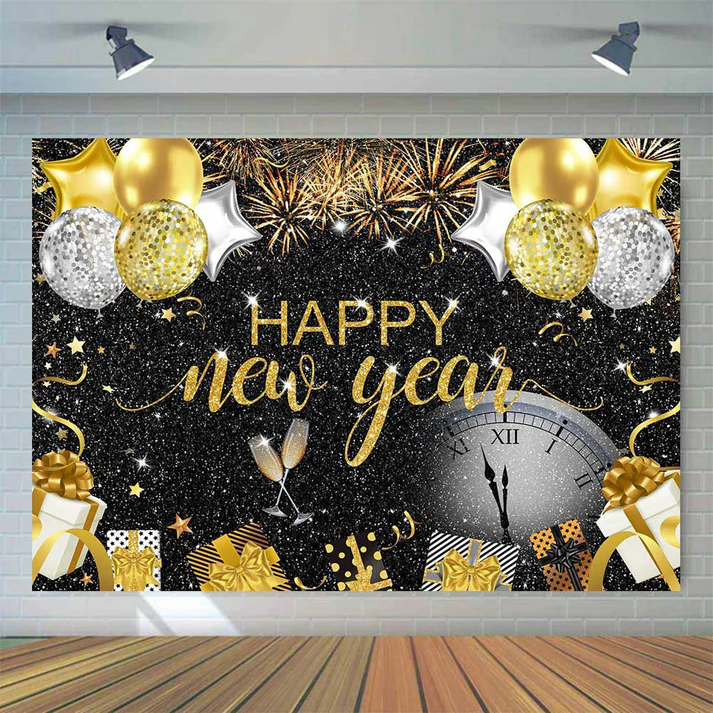 Mocsicka-Toile de fond de bonne année, ballon doré scintillant, feu d'artifice champagne, fond de photographie, décor de fête, accessoires de studio photo