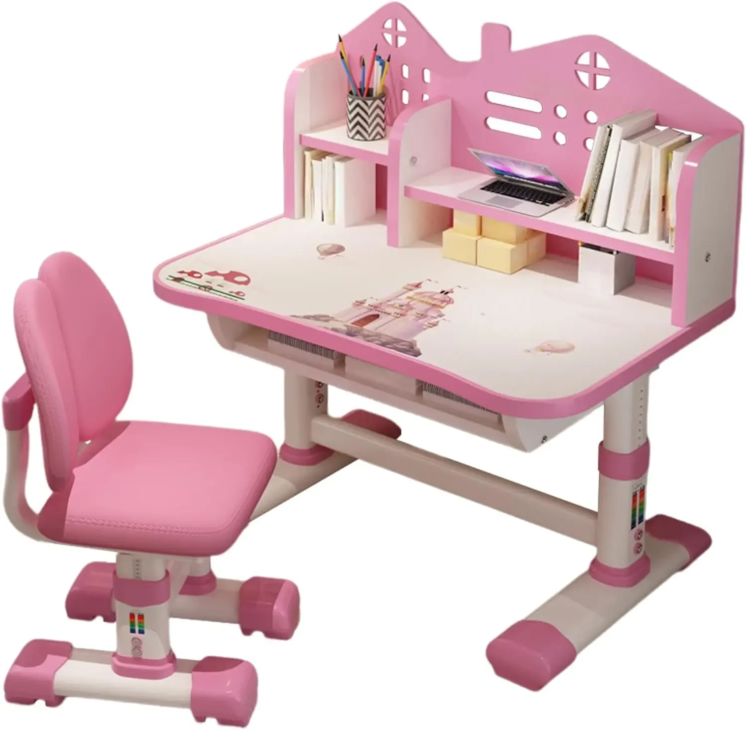 Small Desk, Standing Desk, Desk Chair Set, Widened Desktop Multi Separation Cartoon Pattern Desk Chair Set Kids Adjustable