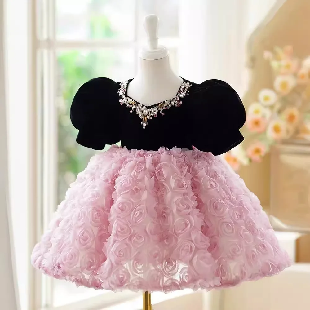 New Girls Elegant Evening Princess Ball Gown Children Cute Bow Beading Puff Sleeve Design Birthday Party Wedding Dress y1239