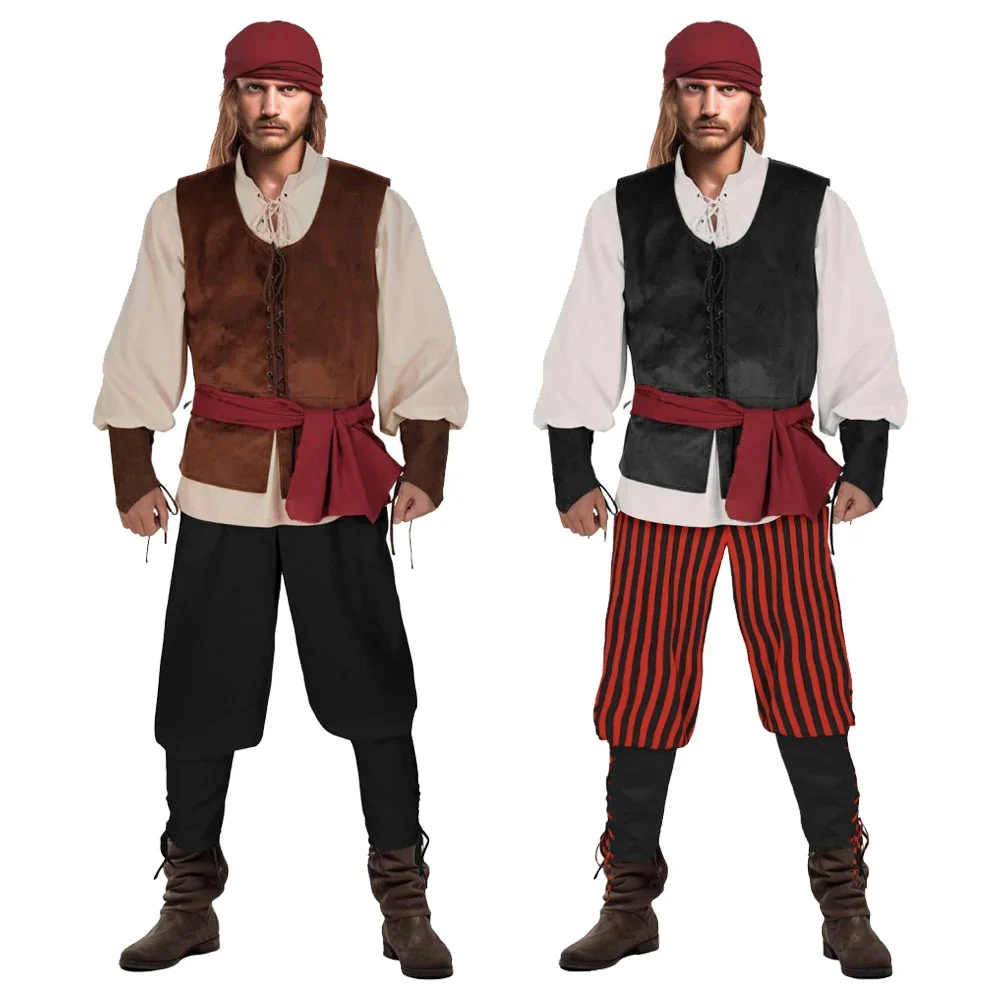 

Средневековый карнавальный костюм викингов в стиле Ренессанс, пиратский топ, брючные костюмы для мужчин, наряд для взрослых, карнавальная одежда на Хэллоуин, одежда для ролевых игр