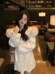 Women Winter Warm Luxury Fox Fur V Neck Coat With Belt Hat Two Side Cashmere European Long Cardigan Woolen Loose Overcoat