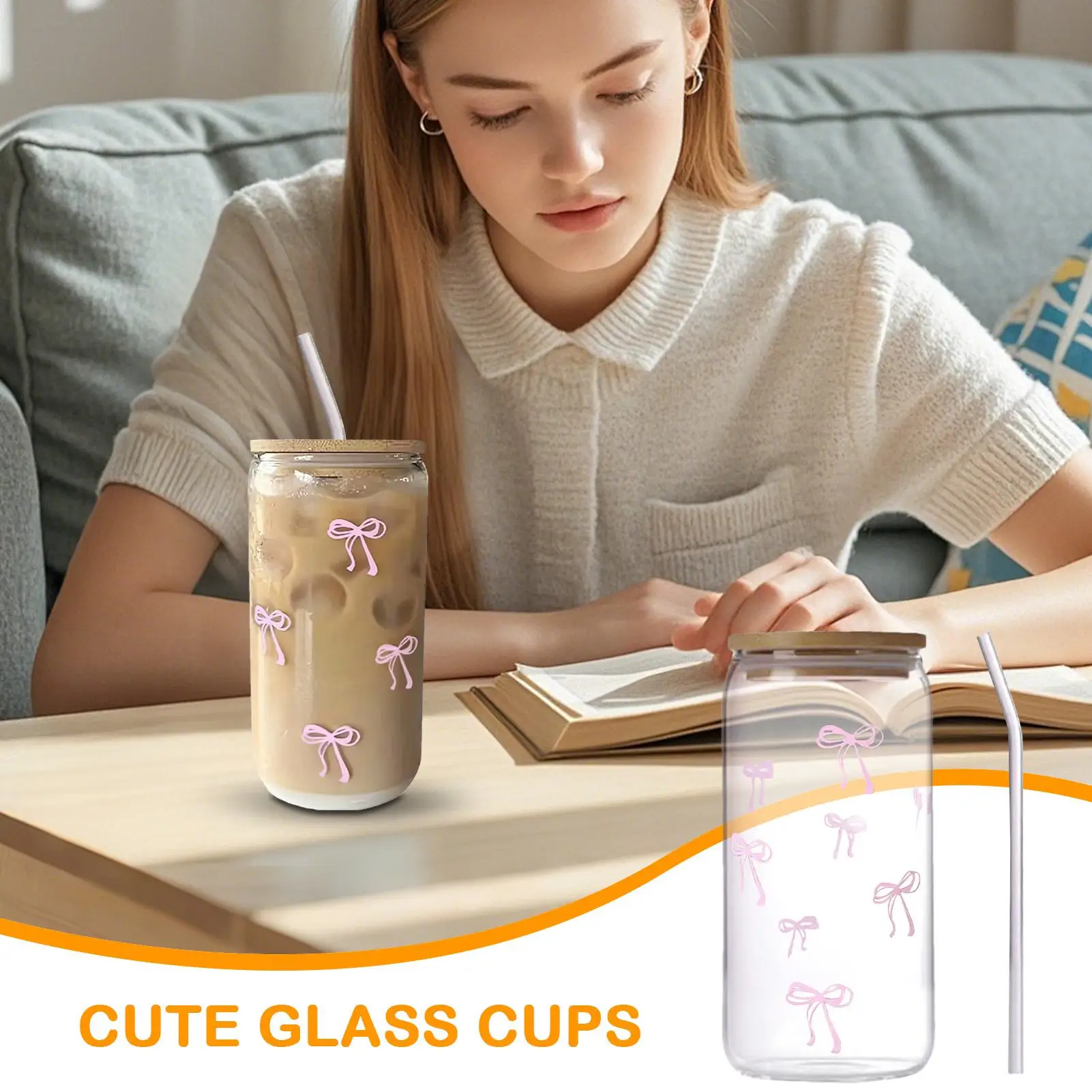 

Cute Bow Glass Cup with Lid & Straw 500ml, Aesthetic Iced Coffee Tumbler for Cocktail, Matcha, Boba Tea, Gift for Girls, Women