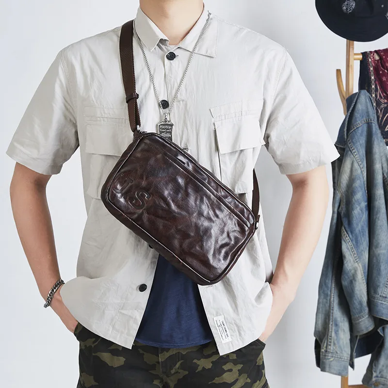 Fashion vintage luxury genuine leather men\'s chest bag outdoor street daily handmade natural real cowhide teens shoulder bag