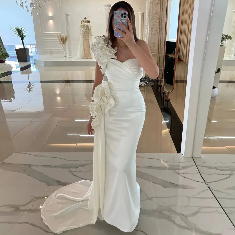 

Customized One Shoulder Pearls Prom Dresses Ruffles Mermaid Evening Gown Ivory Pleated Satin vestidos de fiesta