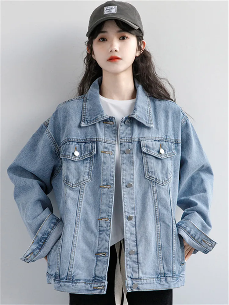 Women\'s Denim Jacket Spring Autumn New High Street Jeans Coat Oversize Loose Basic Jackets Simple Versatile Lapel Outerwear