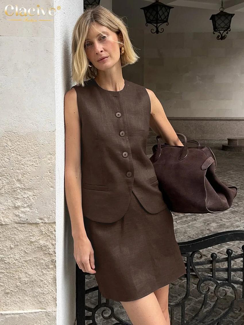 Clacive Fashion Loose Brown Cotton Women's 2-Piece Set 2027 Summer Sleeveless Tank Top With High Waist Mini Skirt Set Female