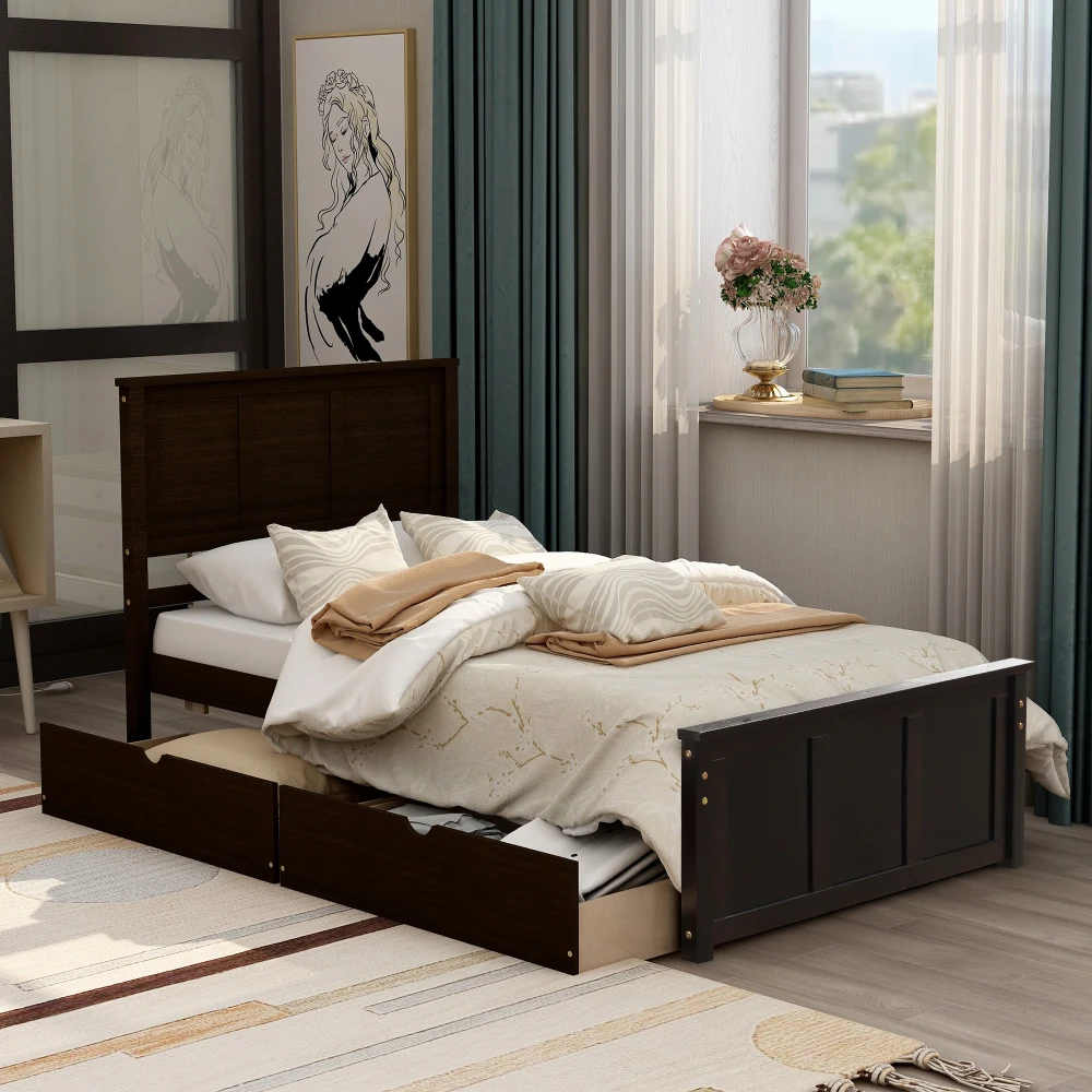 

Platform Storage Bed, 2 drawers with wheels, Twin Size Frame, Espresso (New SKU:WF283062AAP)