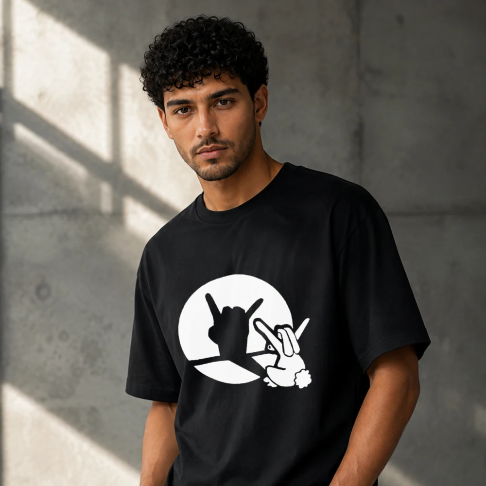 Funny Rabbit Rock‑On Hand Shadow Graphic Modal T‑Shirt Crew Neck Soft Lightweight Rock Music Humor Casual Daily Streetwear Tops