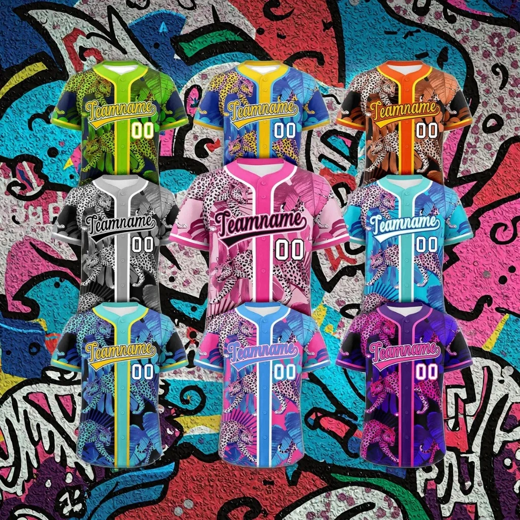 

Custom Personalized Leopard Graffiti Pattern Authentic Baseball Jersey Breathable Plus Size Printed Shirts