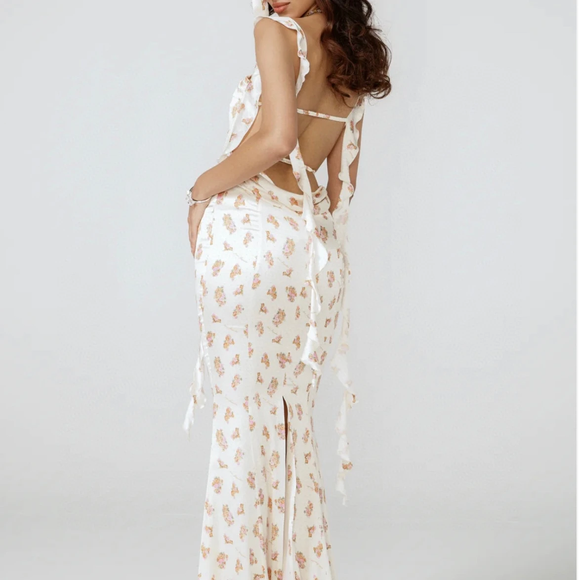 

Women Sexy Backless Maxi dress Vintage Style Strapless Ribbon Decoration Long Trumpet Dress