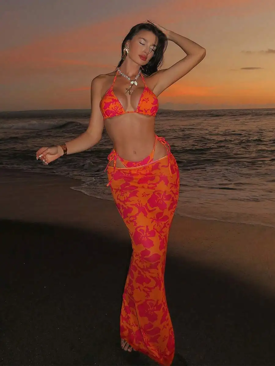 

Women 3 Piece Beach Set: Printed Spaghetti Strap Top, Tie Side Bottom, and Long Cover Up Dress