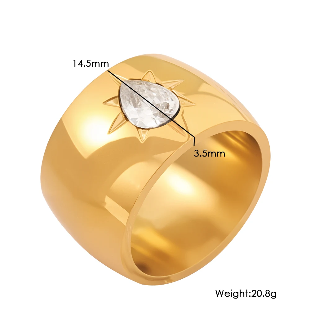 Ladies Heart Shaped Zircon Wide Edged Ring PVD 18K Plated Gold Stainless Steel Waterproof Non-Fading Carved Jewelry
