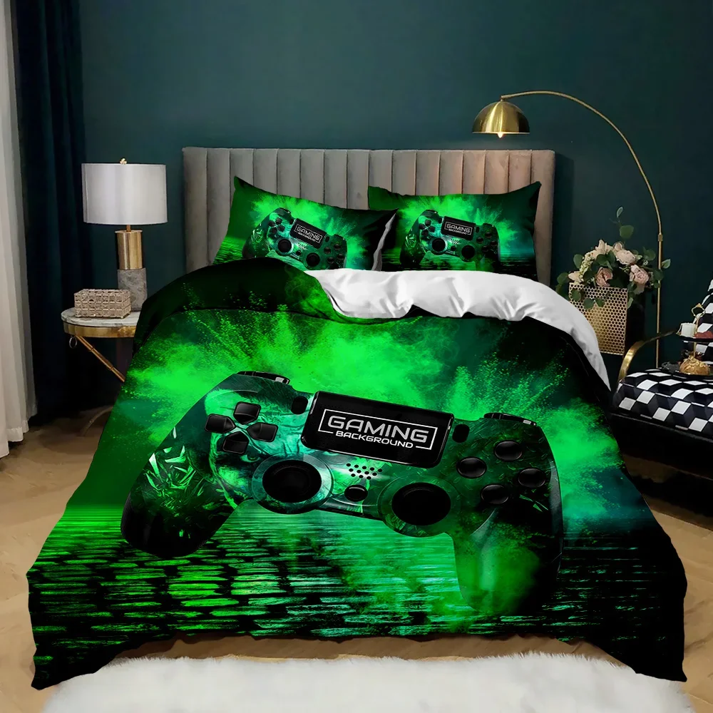 Gamepad Duvet Cover Set Twin King Size Polyester Gaming Comforter Cover Gamer Decor for Teen Boys Green Neon Gamepad Bedding Set