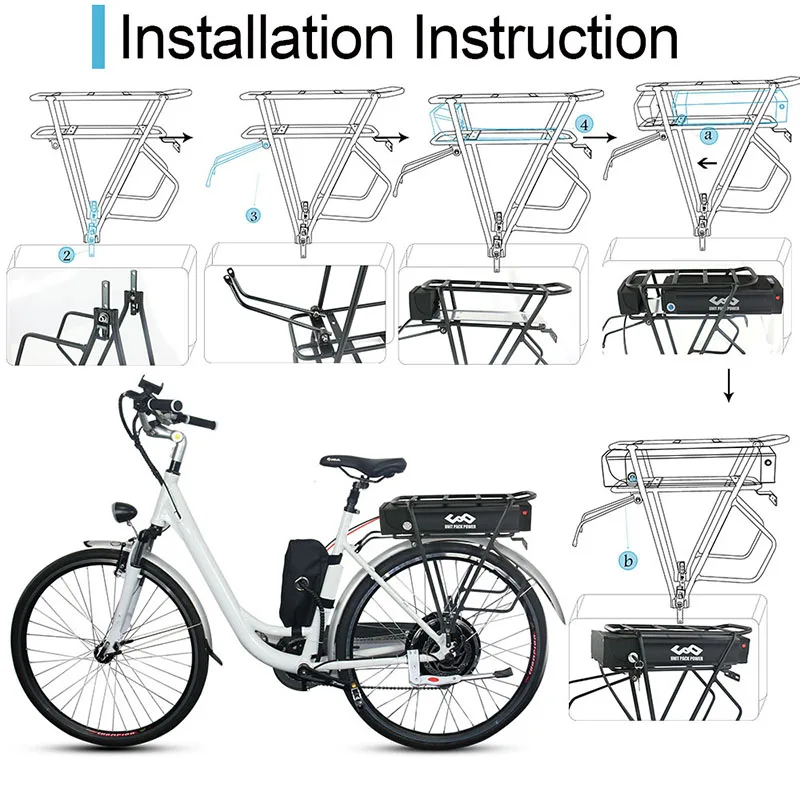 48V 52V 36V Rear Rack eBike Battery 20Ah 15Ah 13Ah for 24\