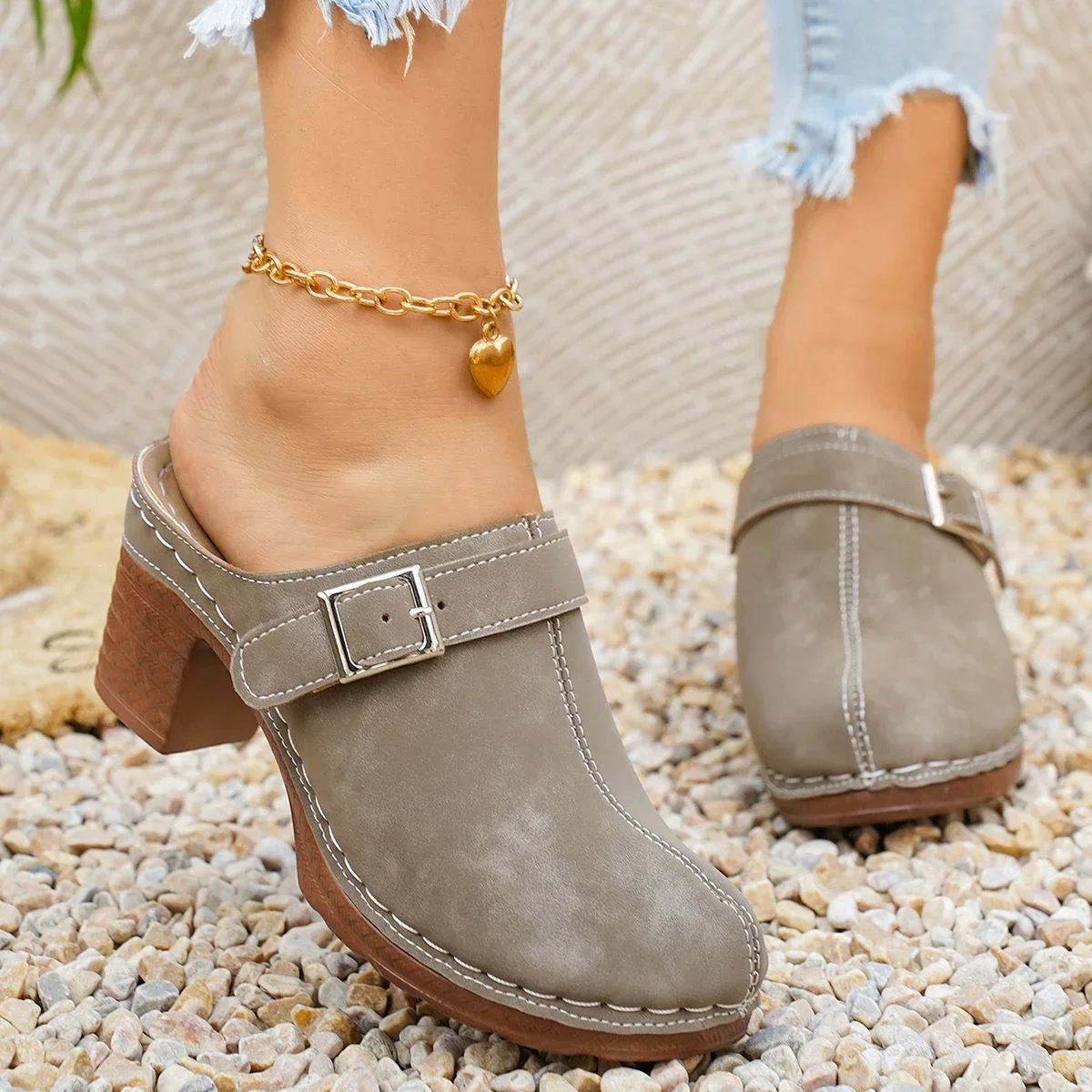 Damen Mules Pantoletten mit hohem Blockabsatz, geschlossene Zehenpartie, zum Hineinschlüpfen, Vintage, Sommer, lässig, bequeme Gehschuhe, Größe 36-43 – Detail 31