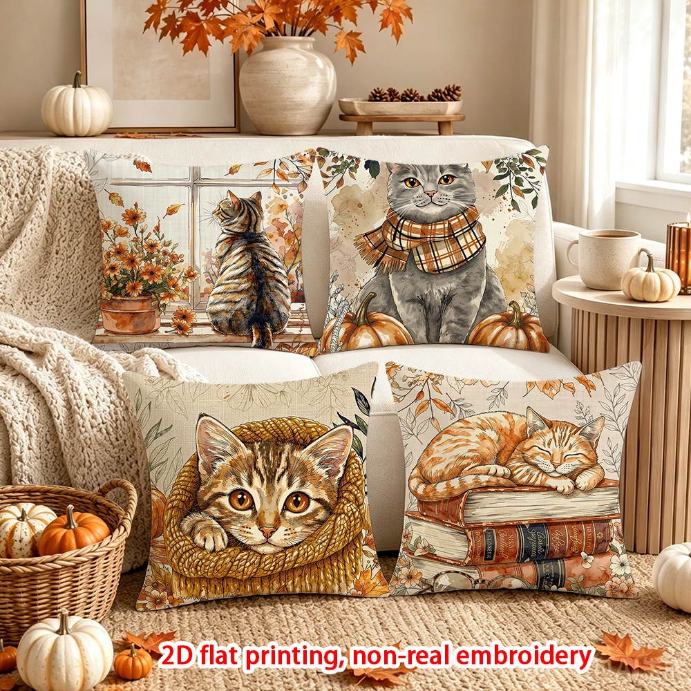 4PCS Fall Throw Pillow Covers, Vintage Autumn Pumpkin Sunflower Maple Leaf Decorative Pillow Cases for Sofa Couch