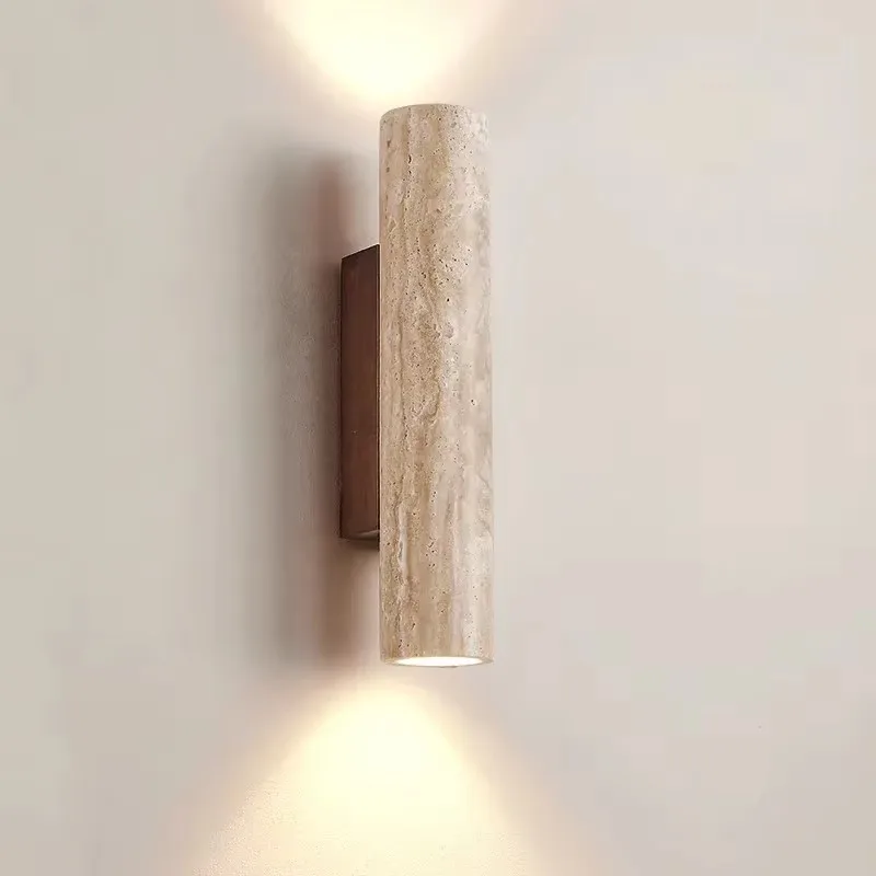 

Wabi Sabi Marble Wall Lamp Japanese Travertine LED Sconce for Living Room & Bedroom Yellow Up Down Bedside Stair Light