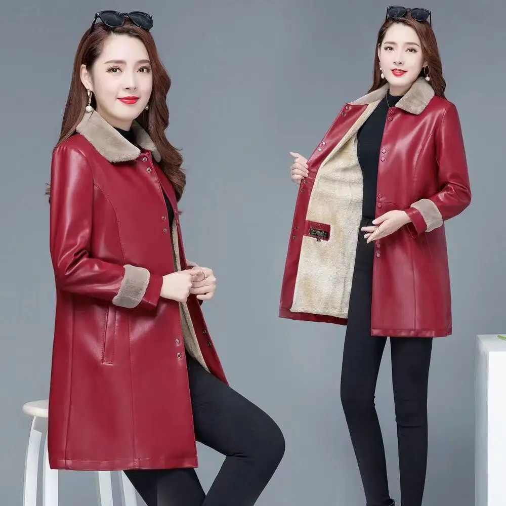 New Women's Faux Leather Coat With Fur Collar Mid Length Long Sleeve Stylish Slim Fit Comfortable Trendy Versatile Commuter Coat