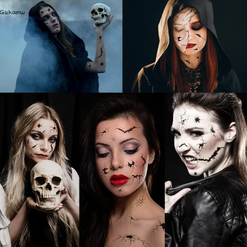 

[WHB]10 Sheet Halloween Crack Mark Face Sticker Spider Web Temporary Tattoos Black Horror Body Makeup Funny Waterproof Tattoo