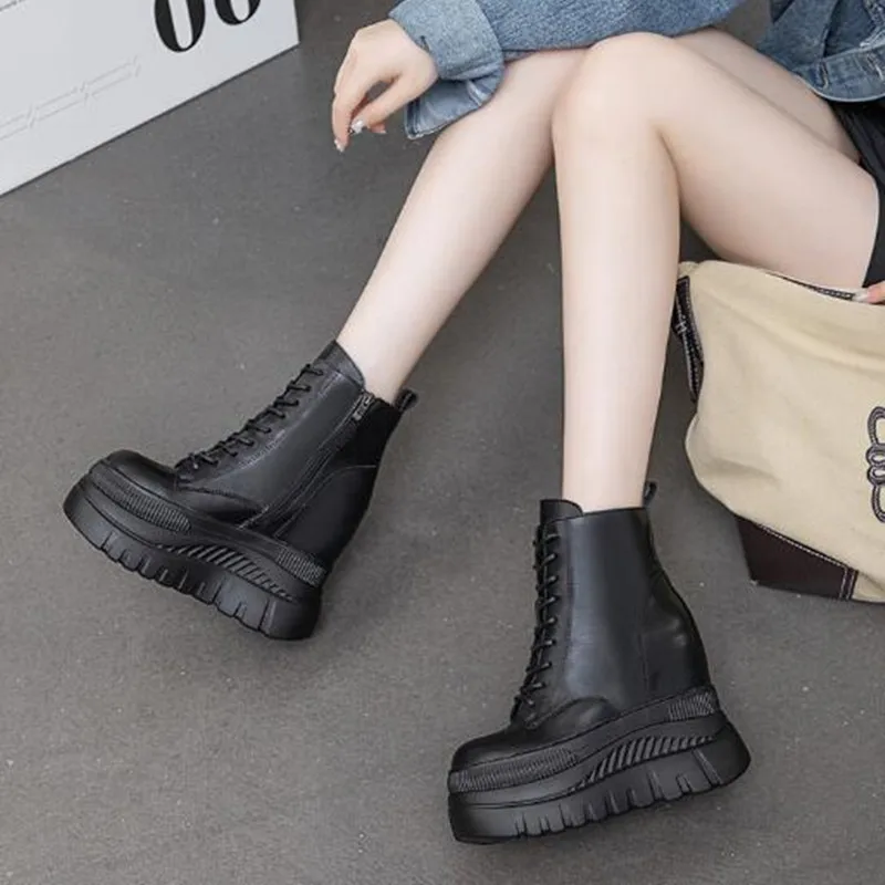 12cm Genuine Synthetic Leather Mid Calf High Boots 2026 Winter Female Platform Wedge Flat Women Boots Botas Casual Autumn Shoes