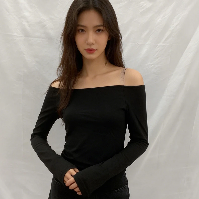 Autumn Women's Spicy Girl Sexy Slim Fit One Neck Off Shoulder Solid Color Long Sleeved T-shirt Elastic Flared Sleeve Short Top