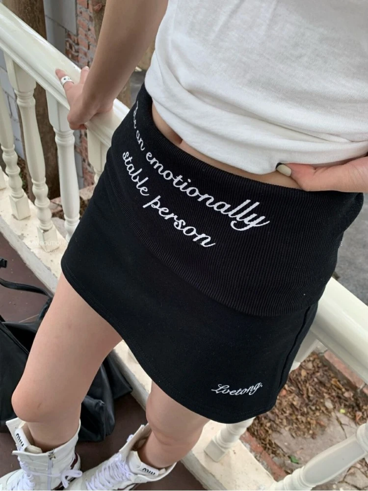

Deeptown Korean Style Letter Print Mini Skirt Women Vintage Black Sexy Wrap Skirt Gray Y2k Casual Slim Up A-line Short Skirts