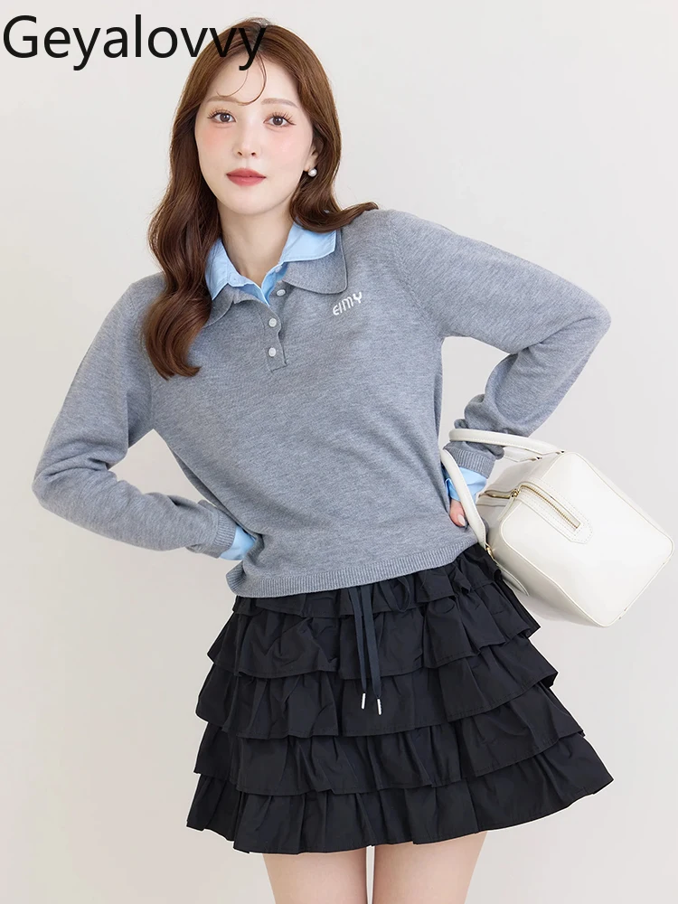 

Japanese Simple Patchwork Shirt Collar Pullover Sweaters Top Spring Autumn Long Sleeve Autumn Winter Women's Knitted Sweater