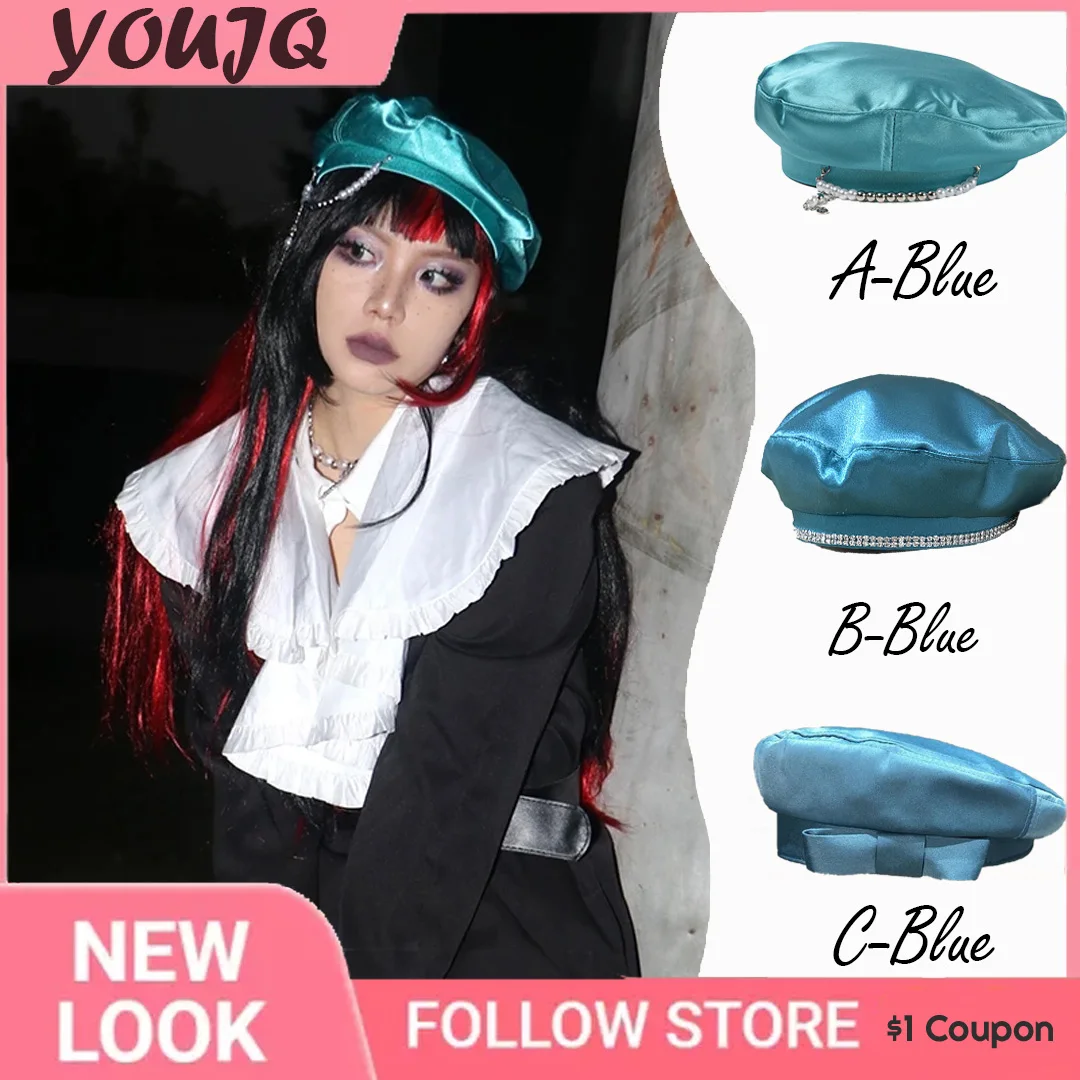 Y2K Vintage Satin Beret Hats for Women Silk  Pearl Chain Korean Female Painter Hat Girls Personality Beret Boinas Para Hombre