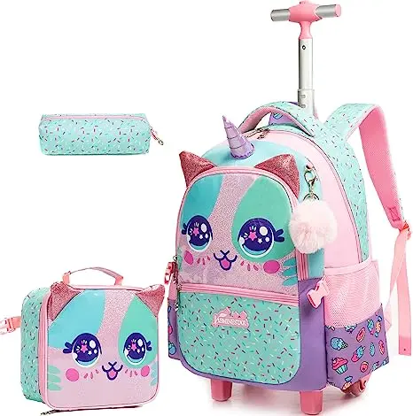 Kids Backpack with Wheels 3 pcs School Rolling Backpack for Girl Roller Backpack On Wheels Elementary Students Carry on  Trolley