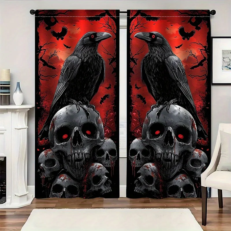 2pcs Gothic Night Curtains, Rod Pocket, Sheer, Thermal & Privacy, for Bedroom & Living Room, Gothic Home Decor