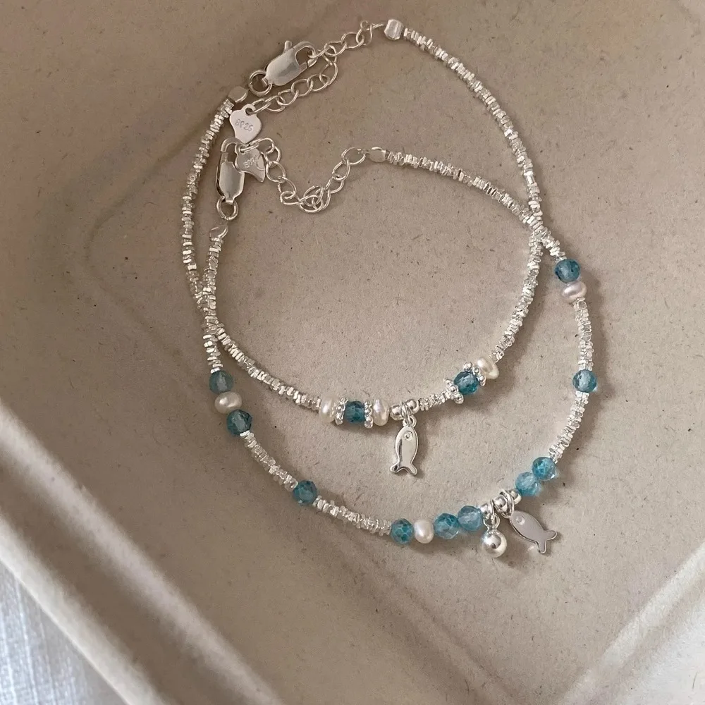 

Trend 2026 Sterling Silver Bracelets for Women Men String Accessories Trend Vintage Blue Stone Beads Pendant Party Jewelry Gift