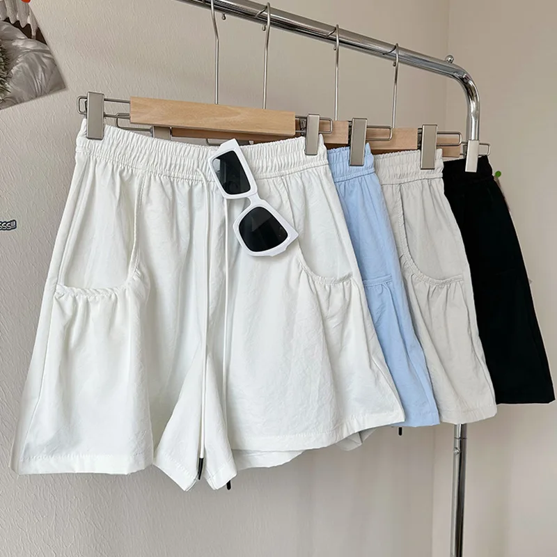 Casual Bottoms Shorts High Waist Solid Thin Ice Silk Wide-leg Big Pocket Five-point Petal shorts Lady Beach Outfits Short Pants