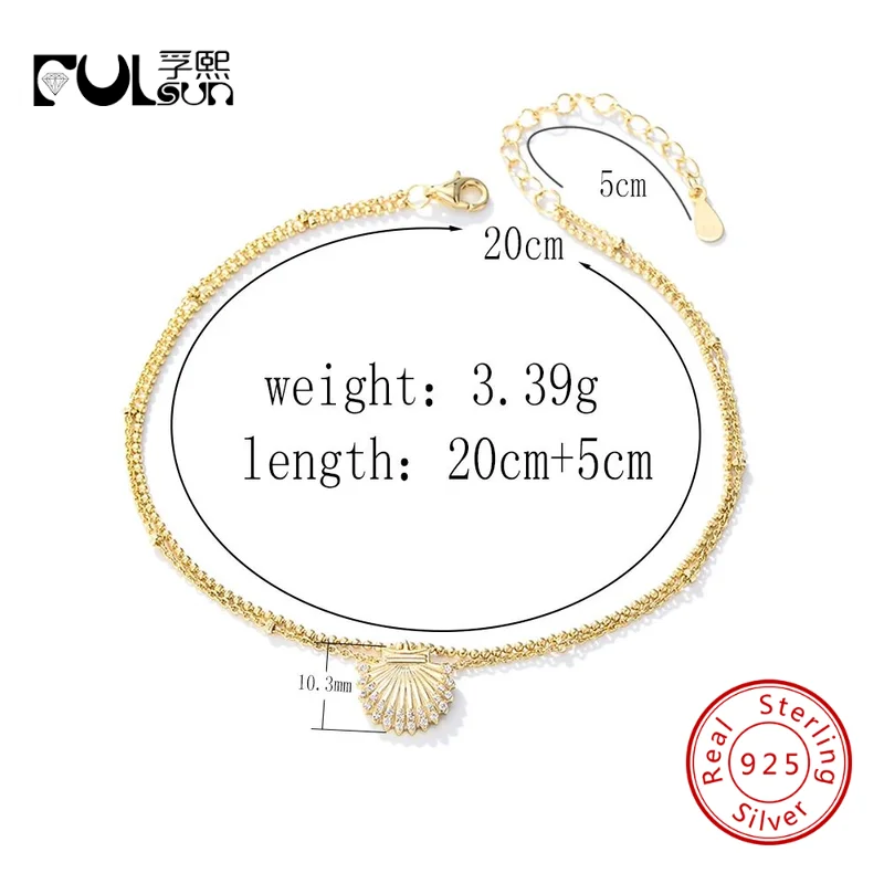 

925 Sterling Silver 14K Gold Rhodium Plated Double Layer Pave CZ Shell Anklet Women Dainty Beach Fine Jewelry
