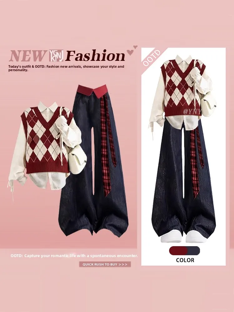 

Deep Winter Anti-Aging Red Diamond id Vest irt Wide Leg Jeans Tee Piece Set College Sle Clothing Faionable Women's ...