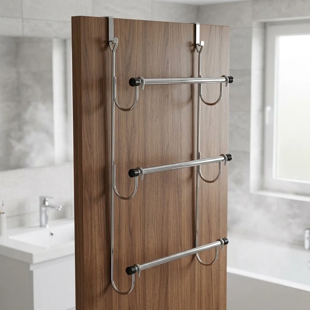 3 Shelf Over Door Towel Holder Chrome Metal Frame 47.5cm Door Width Compatibility for Bathroom Towel Organization