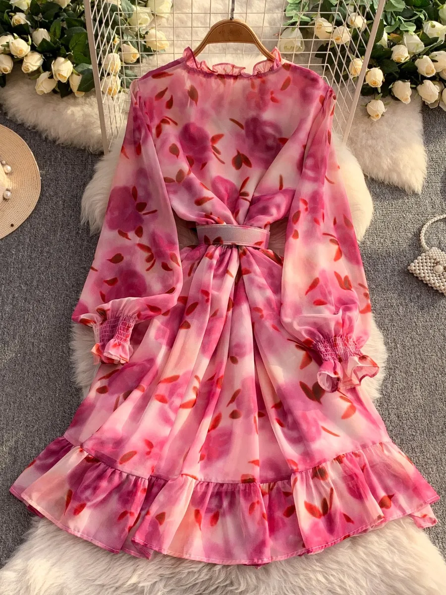 Foamlina 女性 V ネック花柄シフォンドレス長袖ネクタイウエストフリル裾スリムフレンチスタイルスリムフィット秋の摩耗