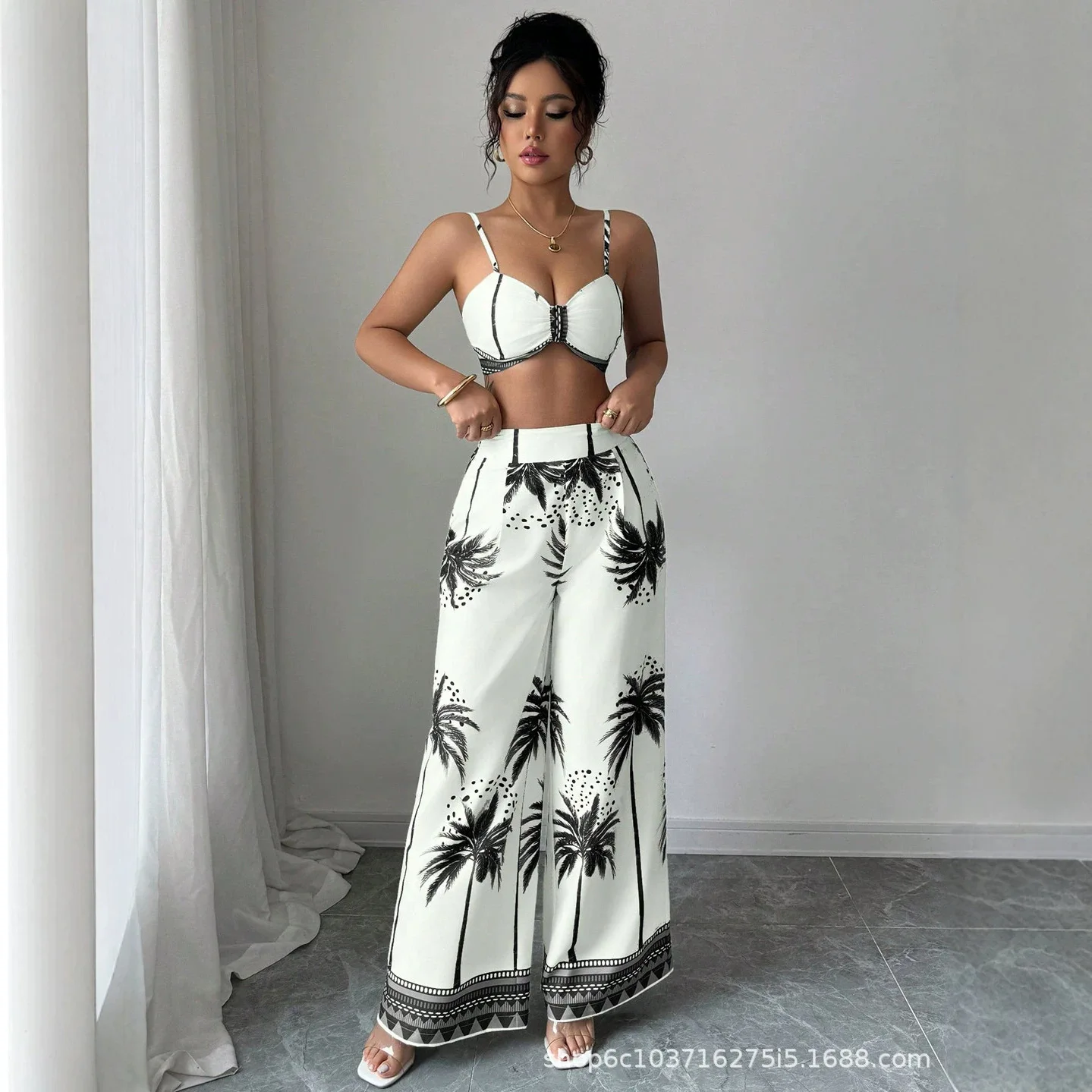 

2026 Summer New Coconut Tree Print Suspender Wide-leg Pants Set, Vacation Style Short Top Summer Dresses 2026 Robe Beach Outfits