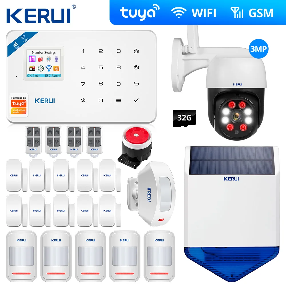 

KERUI Tuya Alarm kit WIFI GSM SMS Home Burglar Security Alarm System Curtain Motion Sensor Wireless Solar Siren IP Camera