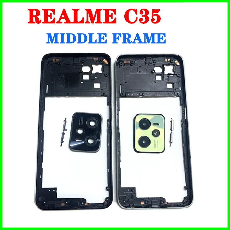 For Realme C35 LCD Front Middle Frame Bezel Set RMX3511 Power Button Battery Back Cover Rear Door Housing