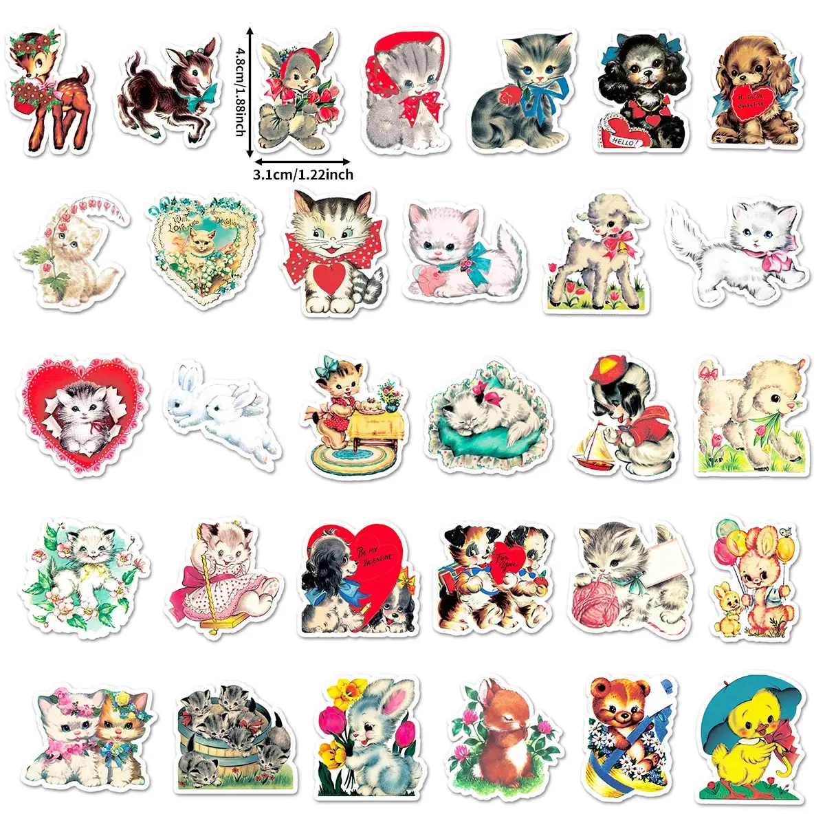 66 Pieces of Retro Cute Pet Stickers, Nostalgic Healing Style, Cute Cat, Dog, and Rabbit Designs, Decorative Stickers for Scrapbooks, Suitable for Scrapbooking and Gift Packaging