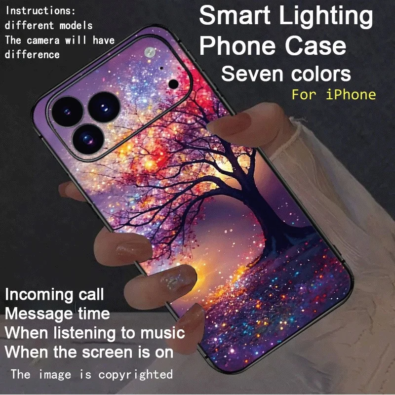

Starry Sky Tree Pattern Light Up Phone Case For iPhone 17 16 15 14 Plus 13 12 11 Pro Max Landscape LED Flash Protective Cover