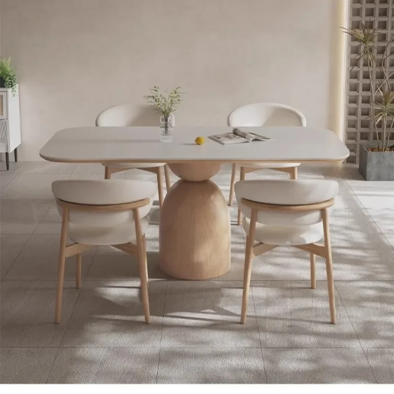 for Cream Style Log Color Rock Slab Dining Table and Chair Set Matte Pure White Household Small Apartment Solid Wood